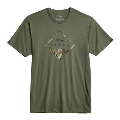 Olive green Sitka crewneck t-shirt featuring a diamond-shaped Optifade camouflage chest graphic and logo.