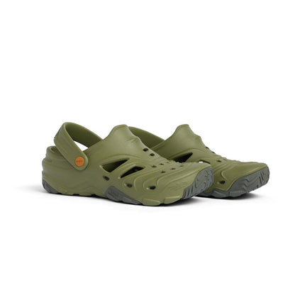 Olive green Sitka Ranger Clogs with drainage cutouts, adjustable hinge straps, and sticky rubber outsole pods.