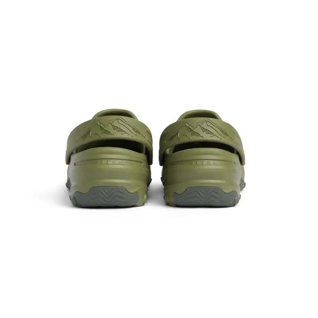 Olive green Sitka Ranger foam clogs featuring a mountain-embossed hinge strap and grey rubber traction outsoles.