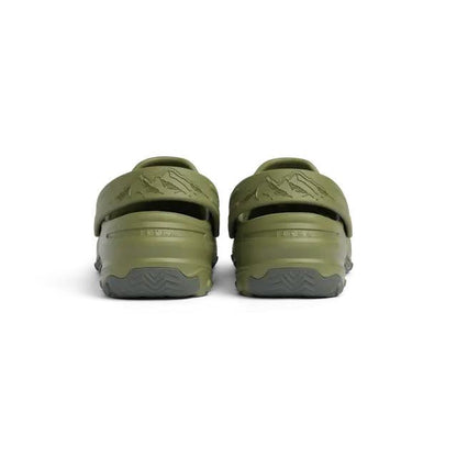 Olive green Sitka Ranger foam clogs featuring a mountain-embossed hinge strap and grey rubber traction outsoles.
