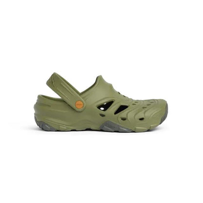Olive green Sitka Ranger Clog with drainage windows, adjustable hinge strap, and durable rubber outsole pods.