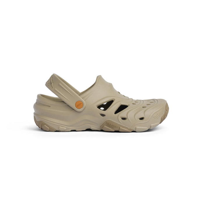 Tan Sitka Ranger clog featuring a foam build, drainage windows, adjustable hinge strap, and sticky rubber outsole pods.