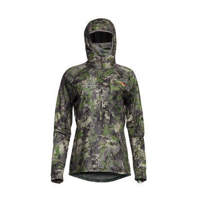 Sitka Women's Core Lightweight Hoodie in camo print with integrated hood, mesh facemask, and thumb loops.