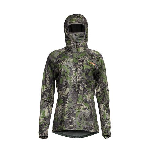 Sitka Women's Core Lightweight Hoodie in camo print with integrated hood, mesh facemask, and thumb loops.