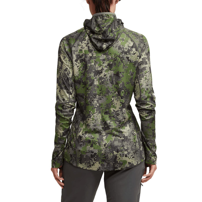 Back view of Sitka women's lightweight camo hoodie with built-in hood and thumb loops in a green pixelated pattern.