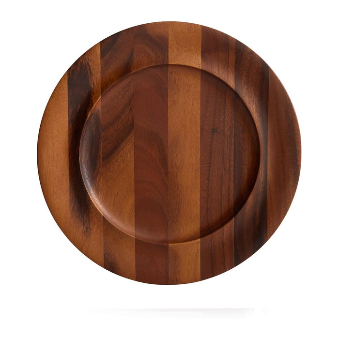 13-inch round acacia wood charger plate featuring a rich, multi-toned natural wood grain pattern.