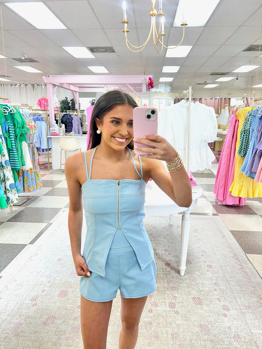 Skylar 2 Piece Zip Top and Short Set (Blue)