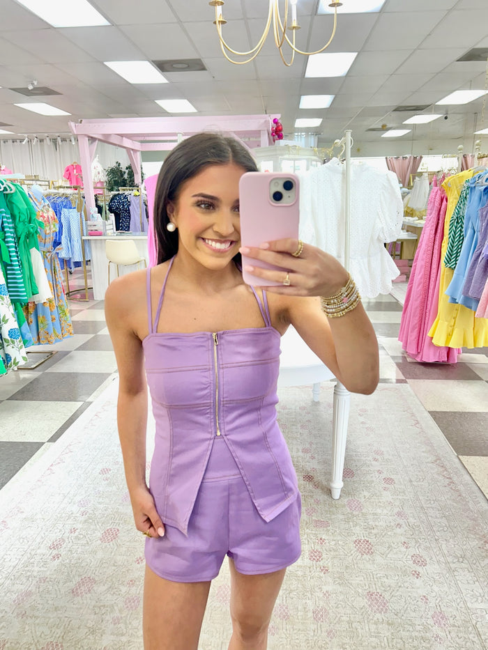 Skylar 2 Piece Zip Top and Short Set (Lav)