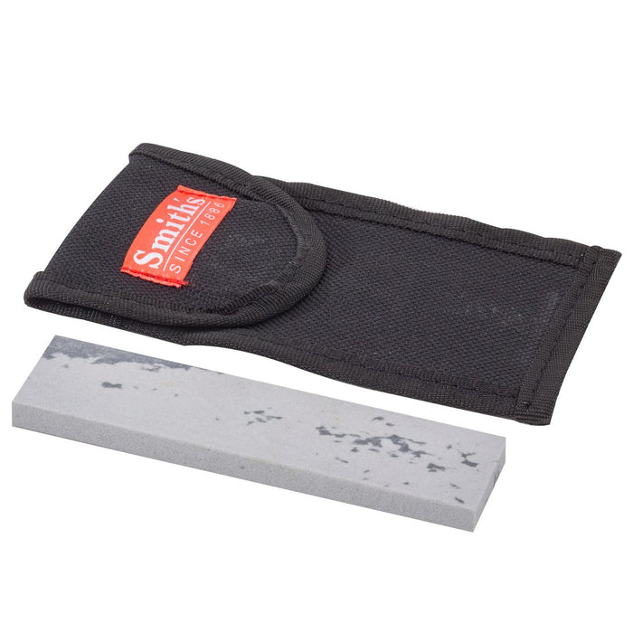 4-inch grey Soft Arkansas sharpening stone with a black fabric storage pouch featuring a red Smith's brand label.