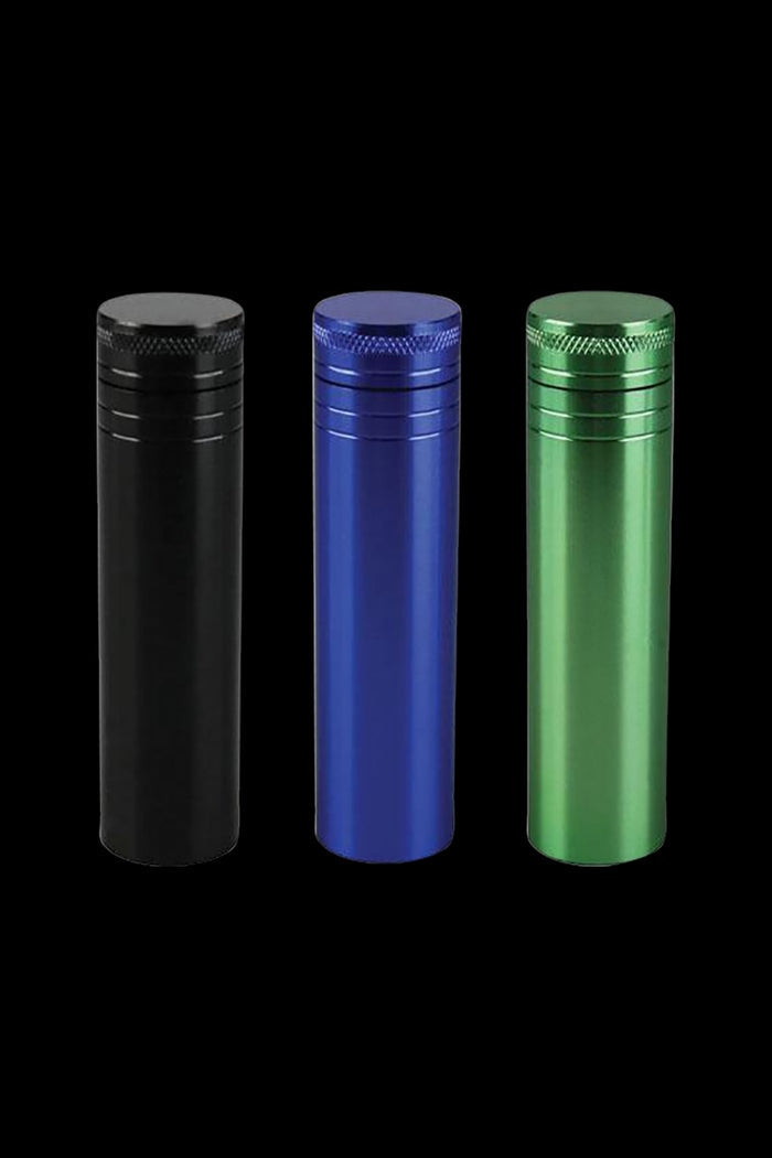 Front view of the Aluminum Storage Tube for Herbs or Joints, showcasing a sleek, cylindrical container in a minimalist studio shot.