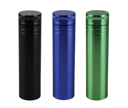 Front view of the Aluminum Storage Tube for Herbs or Joints, showcasing a sleek, cylindrical design against a plain white background.