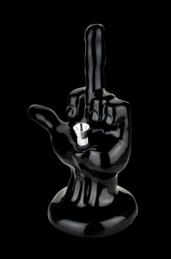 Front view of the Ceramic Water Pipe - One-Fingered Salute, a glossy black ceramic hand giving the one-fingered salute.
