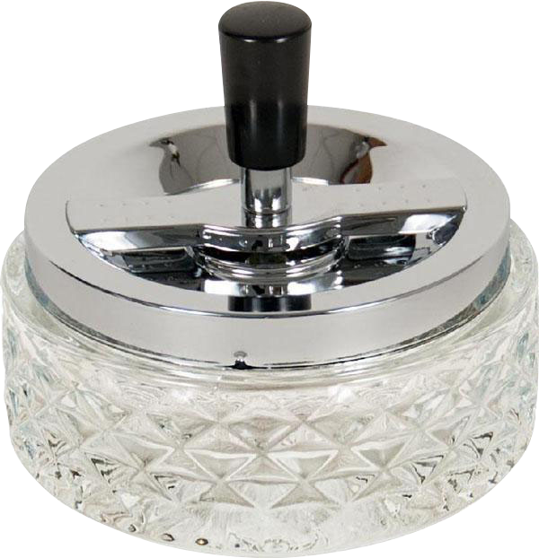 A close-up, angled view of the Glass Spinning Ashtray, showcasing its clear glass construction and rotating design.