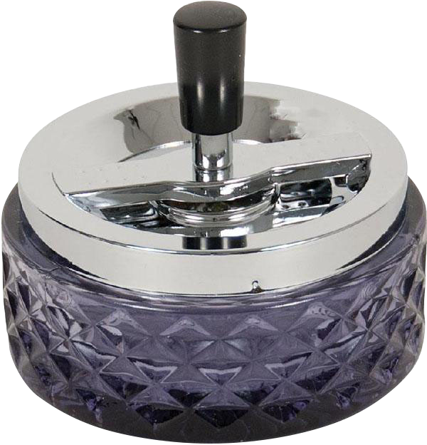 A close-up, angled view of the Glass Spinning Ashtray with a clear glass base and silver spinning cover.