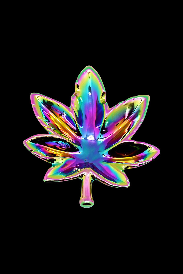 A vibrant, top-down view of the Hemp Leaf Rainbow Iridescent Ashtray, showcasing its colorful, reflective surface.