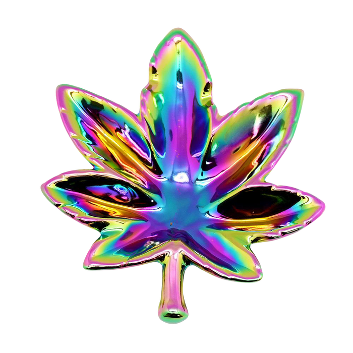 A top-down view of the Hemp Leaf Rainbow Iridescent Ashtray, showcasing its colorful, leaf-shaped design.