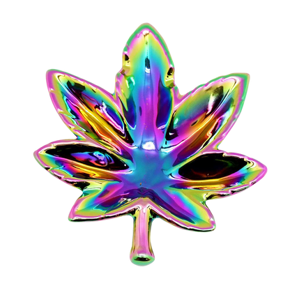 A top-down view of the Hemp Leaf Rainbow Iridescent Ashtray, showcasing its colorful, leaf-shaped design.