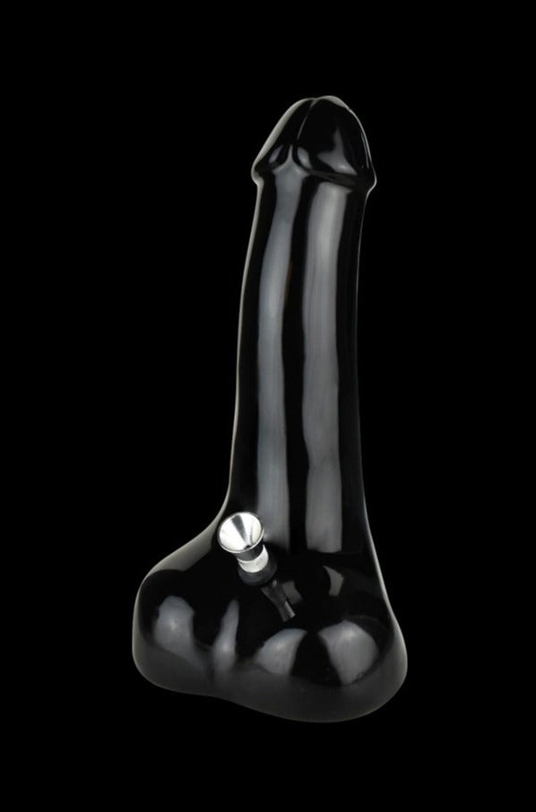 Front view of the “Penis Ceramic Water Pipe - Big Boi Johnson” with a glossy, black ceramic finish.