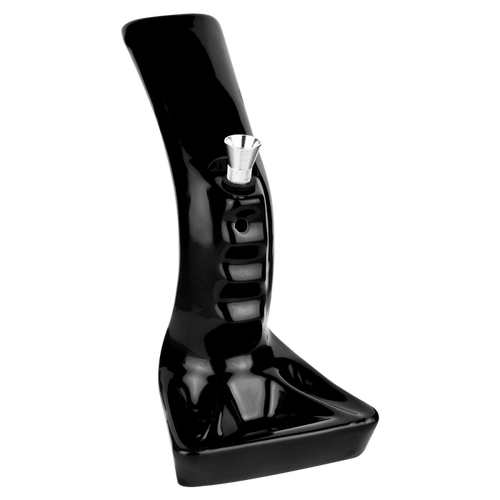 A front view of the Pistol Grip Ceramic Water Pipe with Ashtray Base, showcasing its dark ceramic construction and unique pistol grip shape.