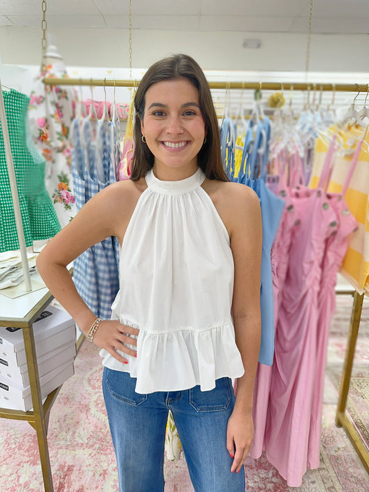 Sophie Halter Neck Peplum Top (White)