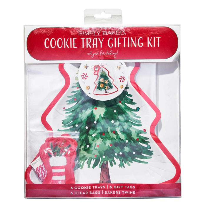 Sophistiplate Christmas tree cookie tray kit with 6 paper trays, clear bags, gift tags, and red and white bakers twine.