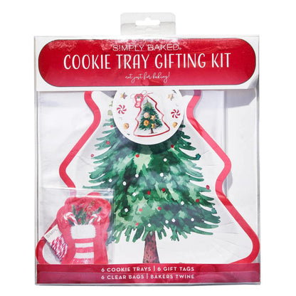Sophistiplate Christmas tree cookie tray kit with 6 paper trays, clear bags, gift tags, and red and white bakers twine.