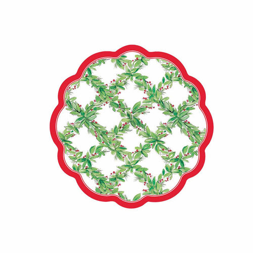 6.5-inch round paper appetizer bowl with a festive green holly berry trellis pattern and a scalloped red edge.