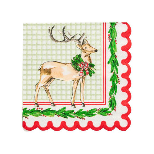 Scalloped 5-inch paper cocktail napkin with a deer illustration, holly garland, and green plaid background.