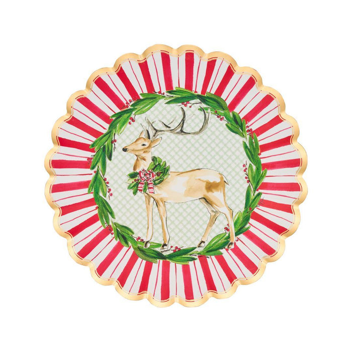 10.5-inch scalloped paper plate with a reindeer, holly wreath, gold foil trim, and red and white candy-cane stripes.