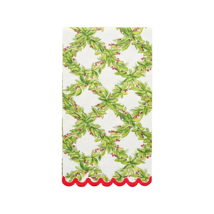 Holly Berry 3-ply paper guest towel with a green trellis pattern, red berries, and a scalloped red edge, 4.5" x 8".