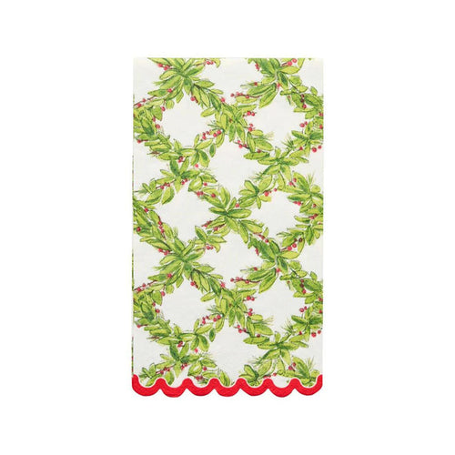 Holly Berry 3-ply paper guest towel with a green trellis pattern, red berries, and a scalloped red edge, 4.5" x 8".