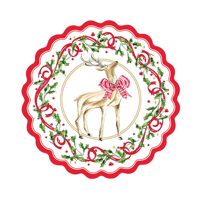 8-inch round paper salad plate with a wavy red edge, featuring a festive reindeer illustration, holly berries, and red ribbons.