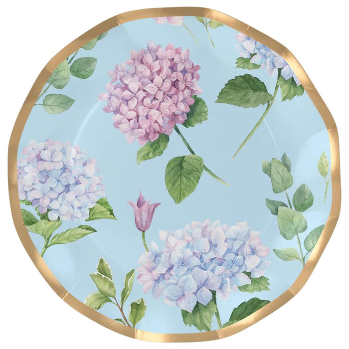 10-inch wavy paper dinner plate with blue hydrangea floral print and gold rim.