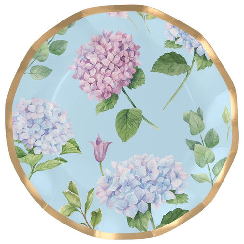 10-inch wavy paper dinner plate with blue hydrangea floral print and gold rim.
