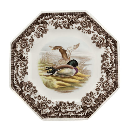 Spode Woodland 9.5-inch octagonal earthenware plate featuring a mallard duck scene and brown floral border.