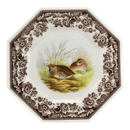 Spode Woodland 9.5-inch octagonal earthenware plate featuring a brown floral border and a detailed game bird scene.