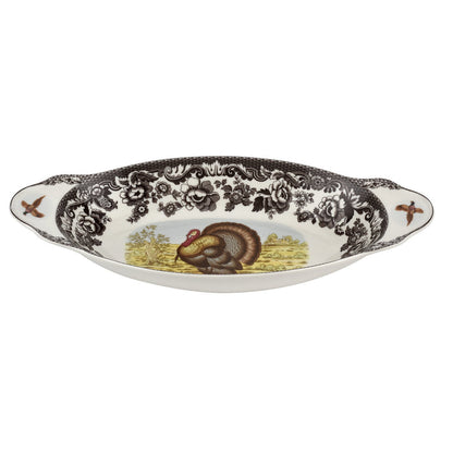 Spode Woodland 15-inch porcelain bread tray featuring a colorful turkey motif and a classic black floral border.