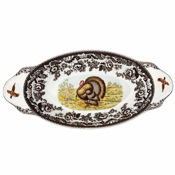 Spode Woodland 15-inch porcelain bread tray featuring a turkey motif and brown floral border on a white background.