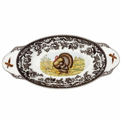 Spode Woodland 15-inch porcelain bread tray featuring a turkey motif and brown floral border on a white background.