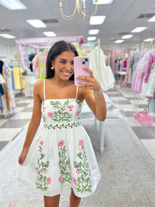 Springtime Charm Mini Dress (White/Pink)