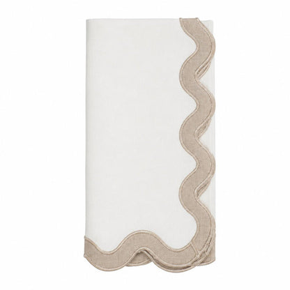 White stone-washed linen napkin with a decorative beige scalloped edge, 20-inch square formal dining accessory.