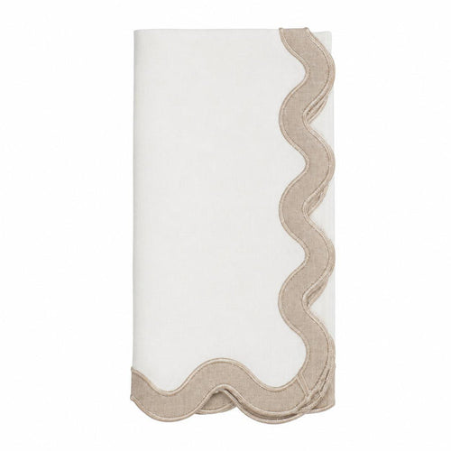 White stone-washed linen napkin with a decorative beige scalloped edge, 20-inch square formal dining accessory.