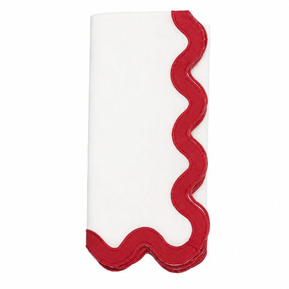 White stone-washed linen napkin with a decorative red scalloped edge, 20-inch square formal dining accessory.