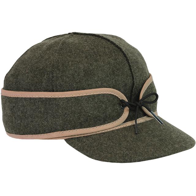 Olive green wool Stormy Kromer Mackinaw cap with a tan earband and black tie closure on a white background.