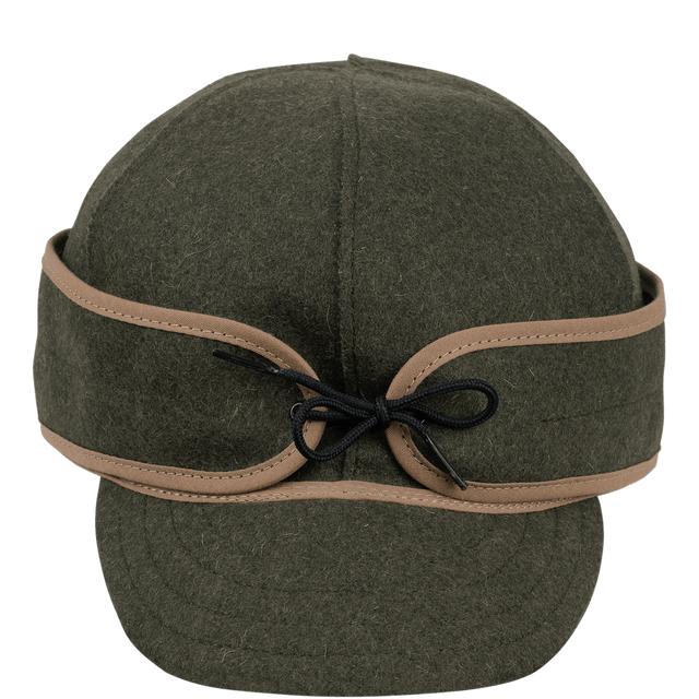 Olive green Stormy Kromer wool Mackinaw cap with a six-panel crown, short brim, and a tied pulldown earband.