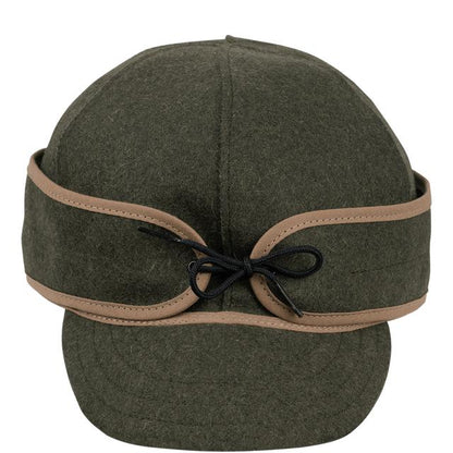 Olive green Stormy Kromer wool Mackinaw cap with a six-panel crown, short brim, and a tied pulldown earband.