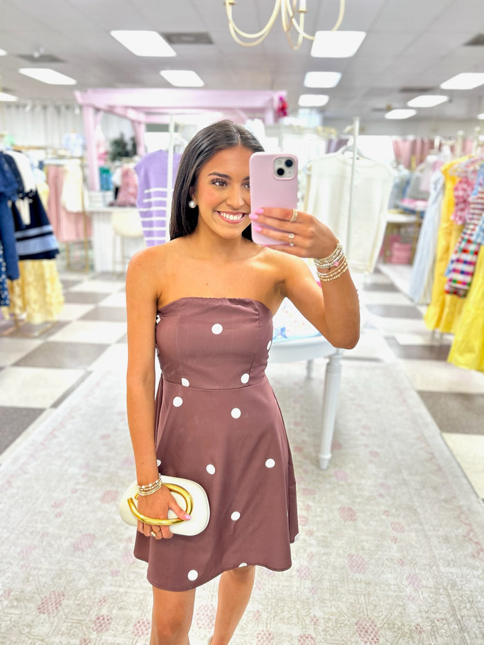 Strapless Mocha Polka Dot Mini Dress