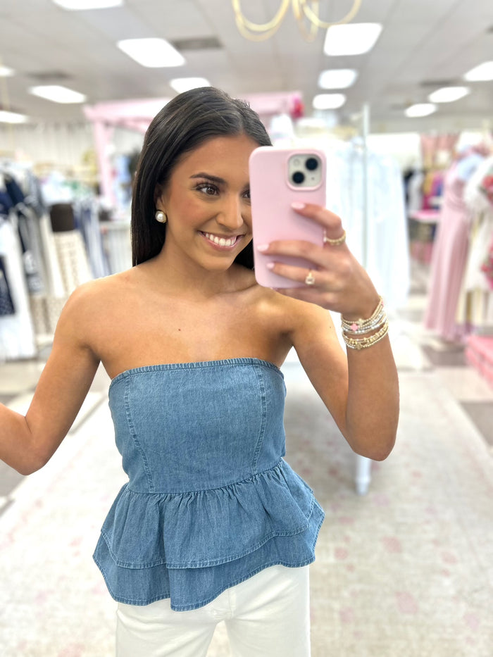 Strapless Tie in Back Ruffle Peplum Denim Top