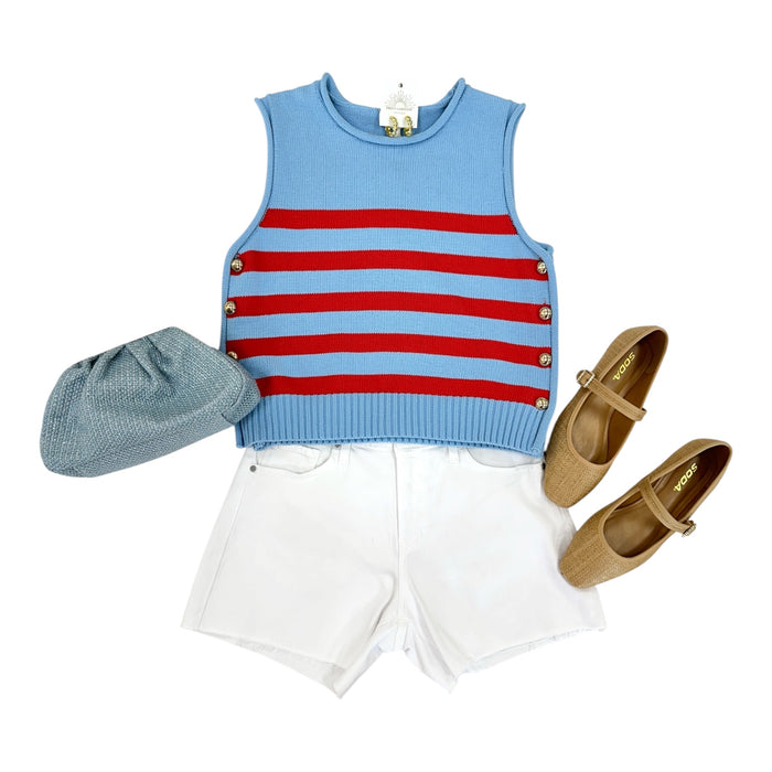 Stripe Sweater Blue/Red Gold Side Buttons