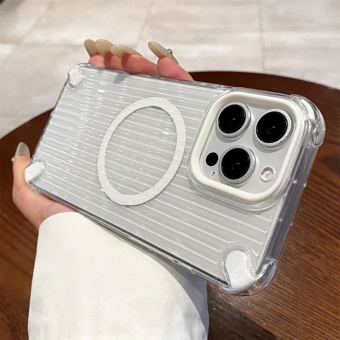 Clear iPhone case with MagSafe ring.